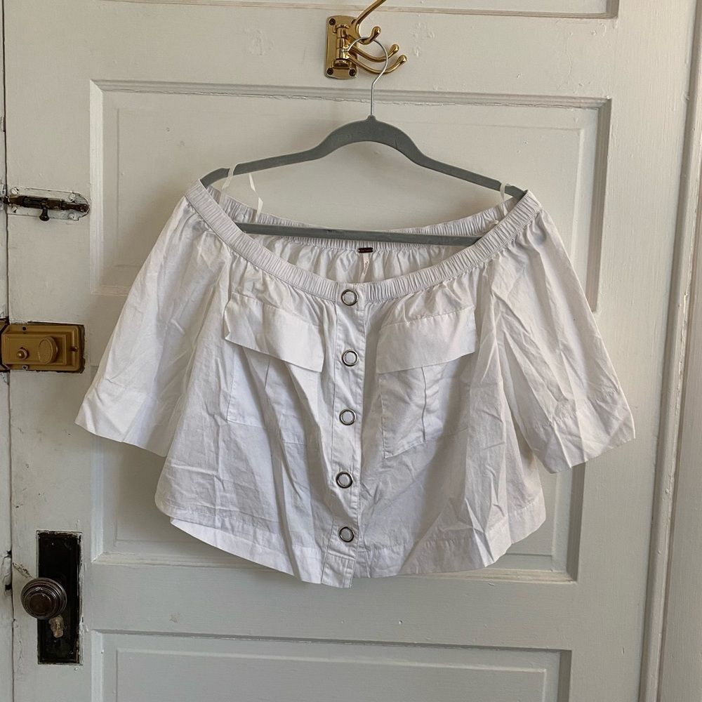 Free People White Off-Shoulder Button-Up Crop Top Size Small